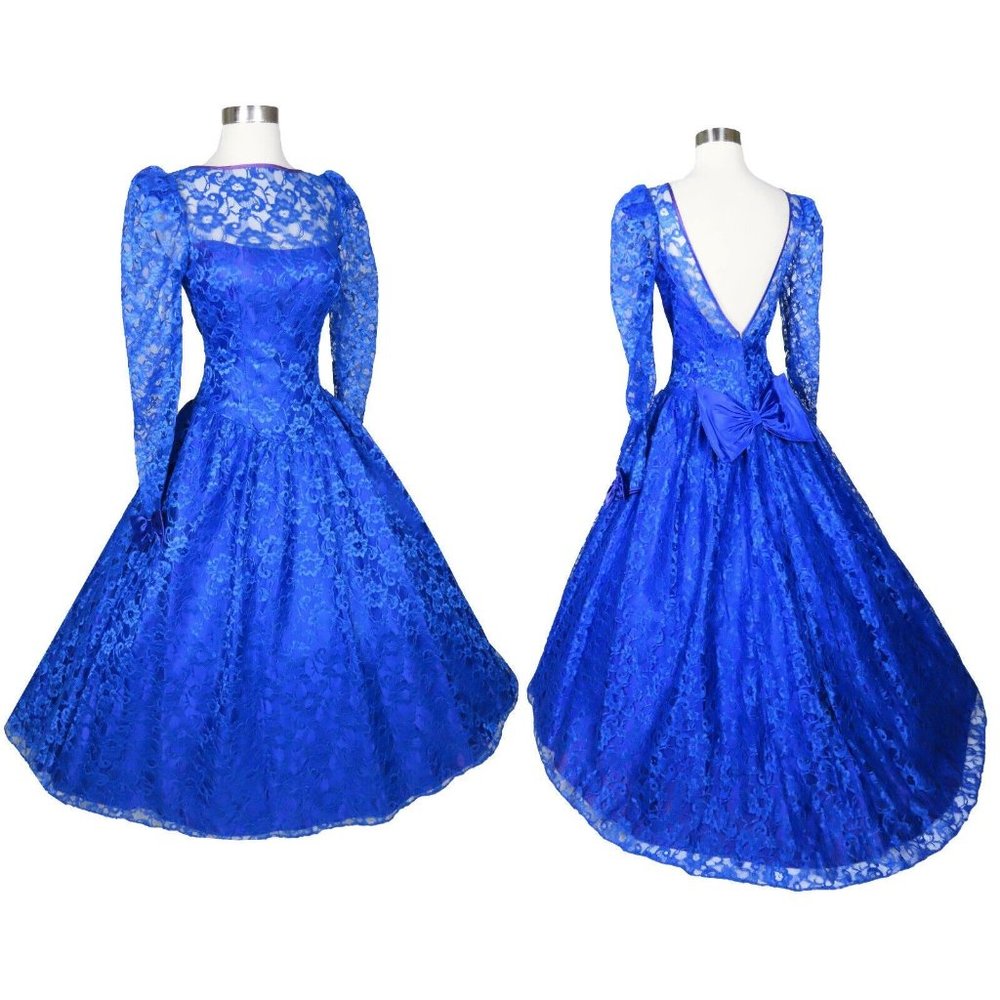 Vintage 80s Lace Blue Prom Party Dress Long Sleeves Hi Lo Full Skirt M Medium